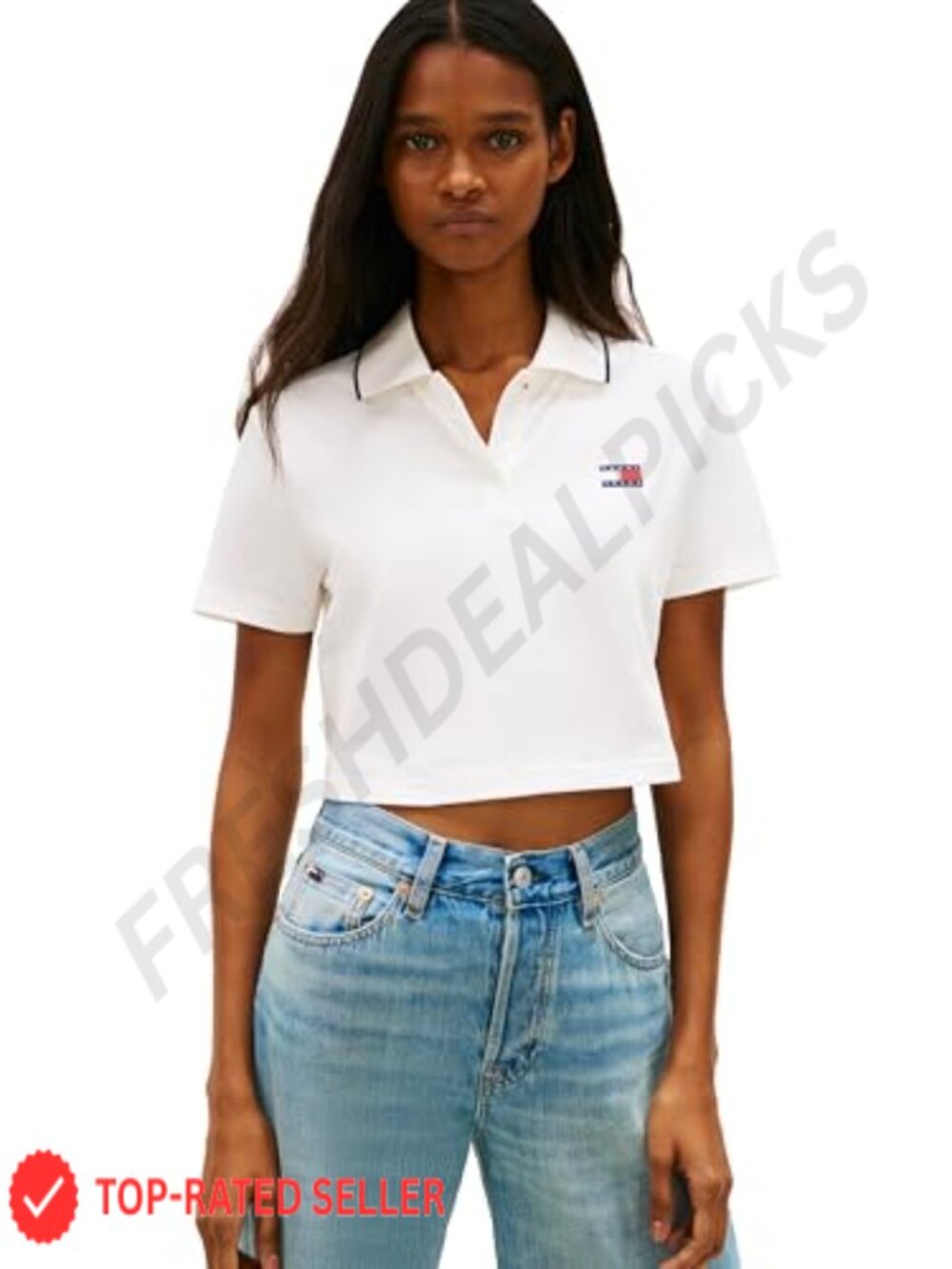 Lightweight Cotton Short Sleeve Cropped Polo with Embroidered Badge Logo